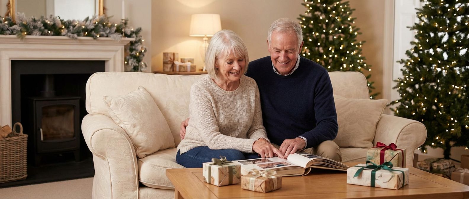 Couple looking through a photo album on a couch at Christmas with wrapped gifts and a decorated tree behind them