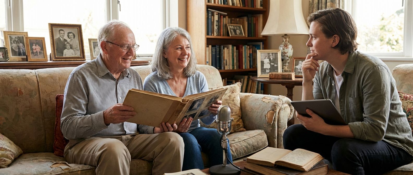 Grandparents showing a photo album to their grandson on a sofa surrounded by framed family photographs