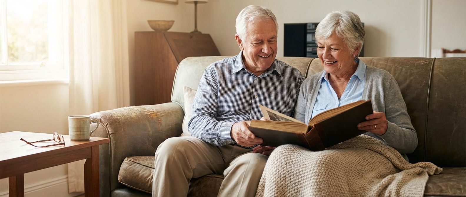 Elderly couple smiling as they look through a photo album together on a couch in warm afternoon light