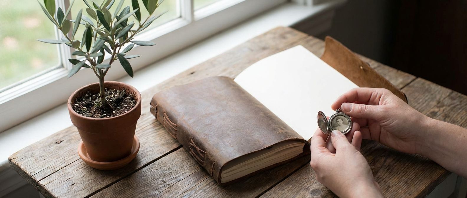 Hands holding an open locket with a vintage portrait beside a leather journal and olive plant on a wooden windowsill