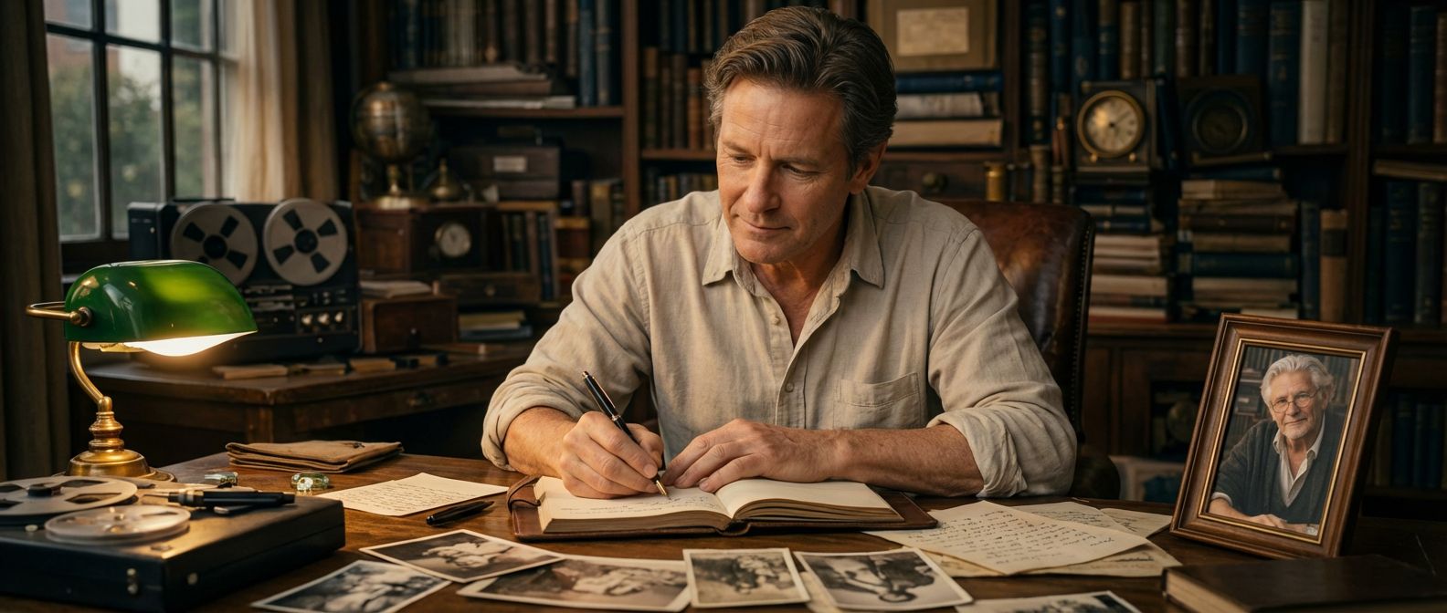 Man writing in a journal at a desk surrounded by family photographs and vintage books under a green desk lamp