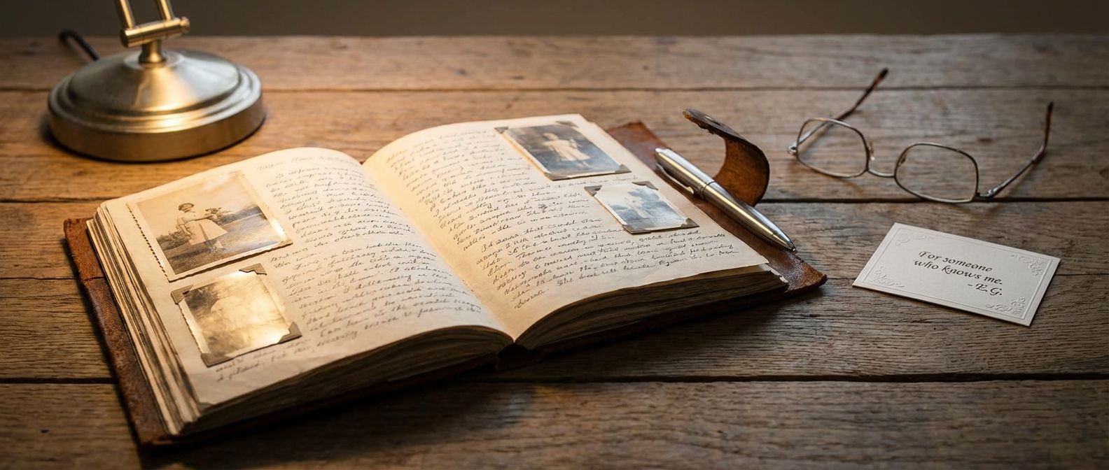Open leather journal with handwritten notes and sepia photographs beside reading glasses on a wooden desk
