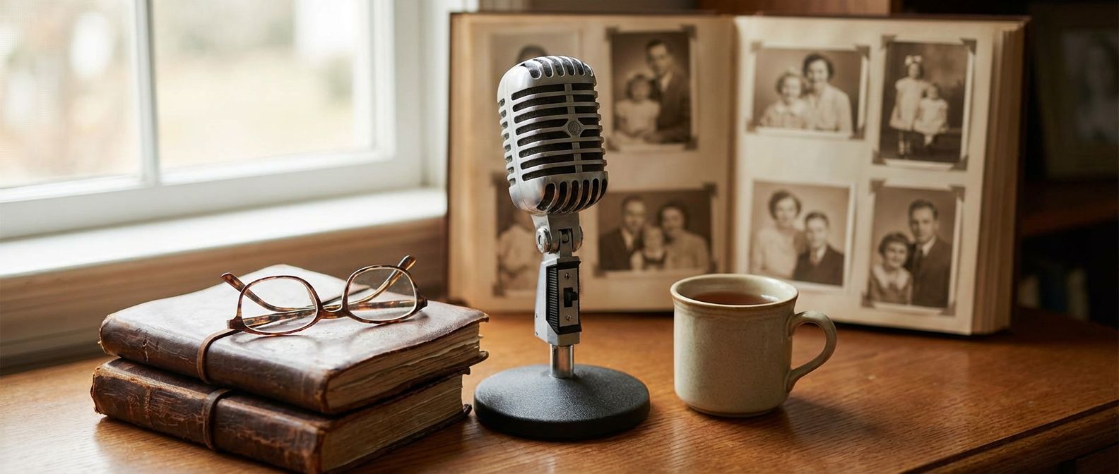 Vintage microphone on a desk beside leather-bound books, reading glasses, a tea cup, and an open family photo album