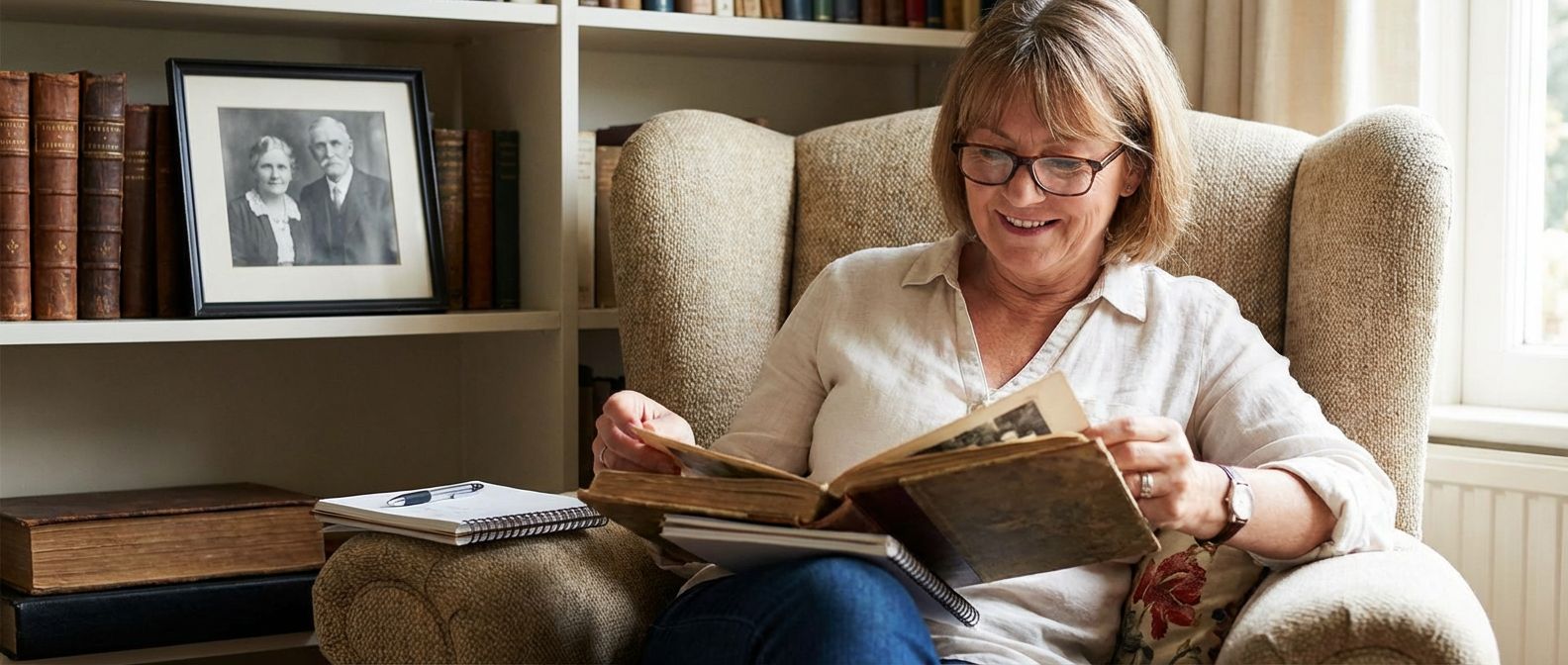 Woman reading a vintage photo album in a wingback armchair with a framed black-and-white portrait and antique books behind her
