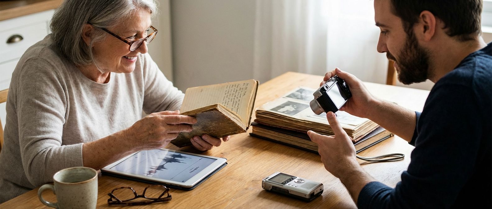 Older woman sharing a vintage journal with a young man photographing pages at a kitchen table with a tablet and voice recorder