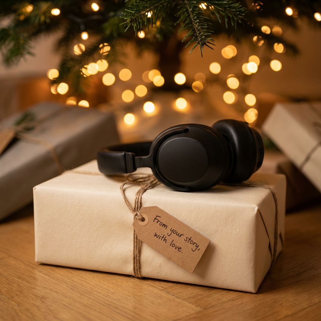 Headphones and a gift beneath a Christmas tree