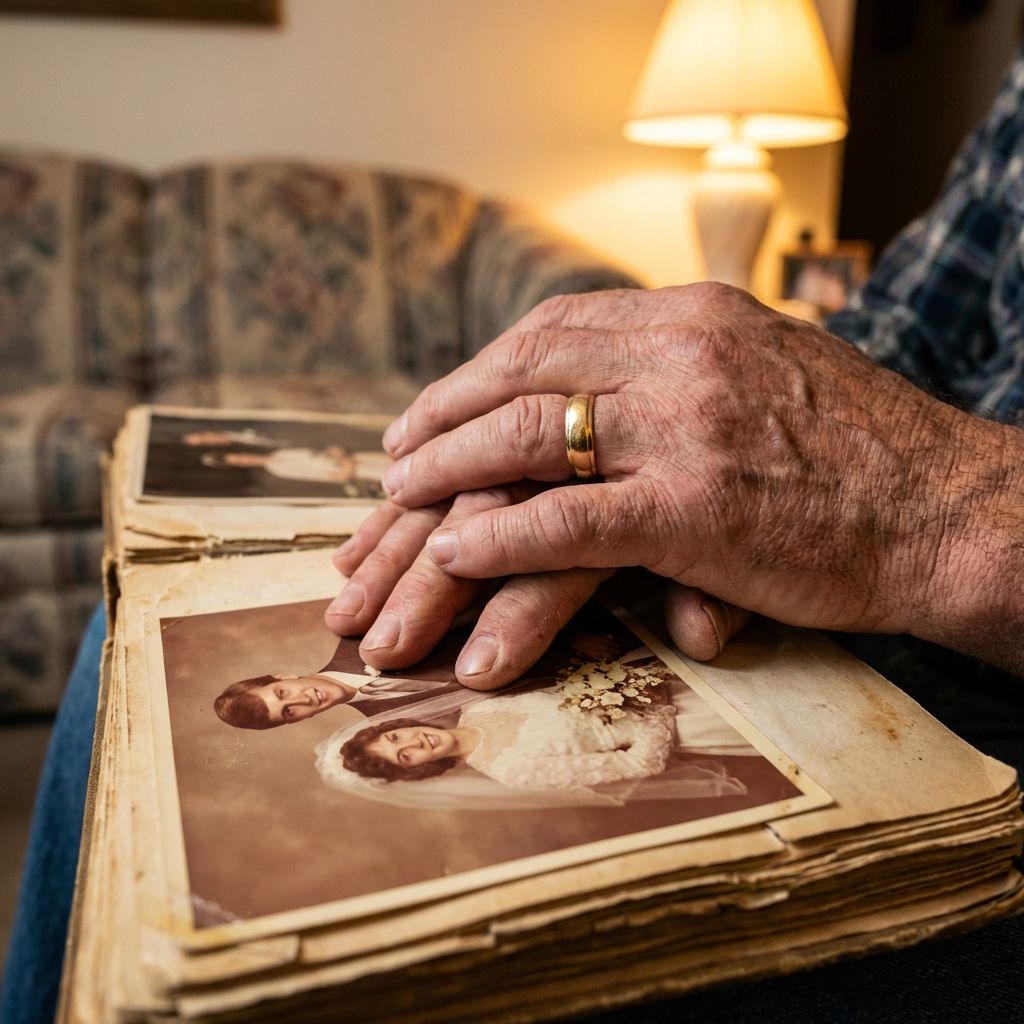 A couple’s hands on their wedding album